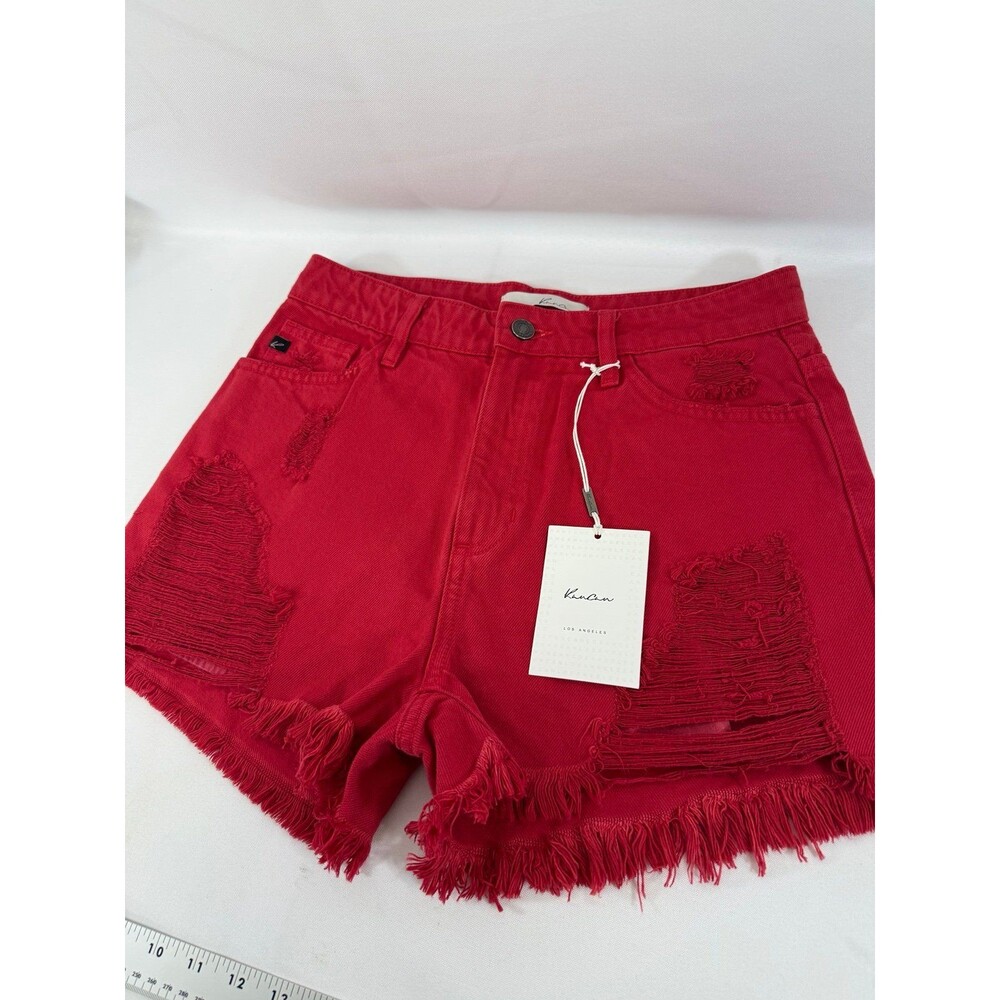 KanCan red high-rise distressed denim shorts with a raw frayed hem NWT Size Medi - Picture 2 of 6